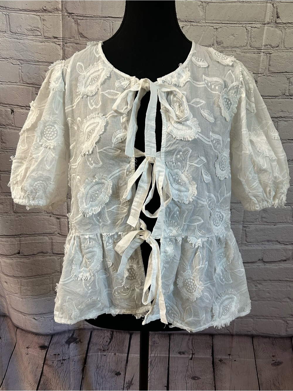 Kori White Embroidered Tie-Front Peplum Blouse